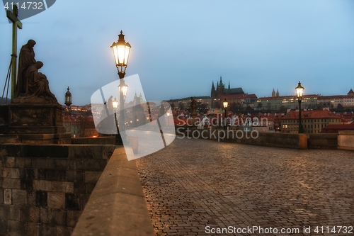 Image of Charles Bridge in Prague at dawn Czech Republic