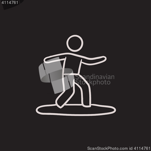 Image of Male surfer riding on surfboard sketch icon.