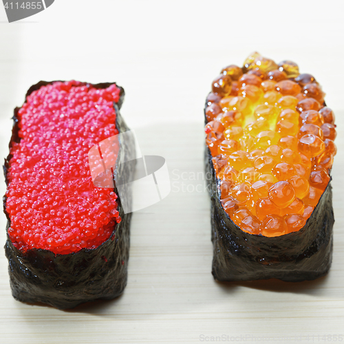 Image of Ikura and Tobiko sushi closeup