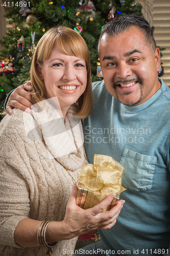 Image of Young Mixed Race Couple with Present Near Christmas Tree