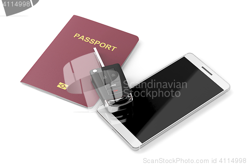 Image of Smartphone, passport and car key