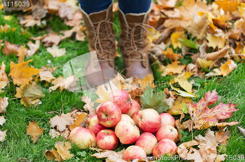 Image of woman feet in boots with apples and autumn leaves