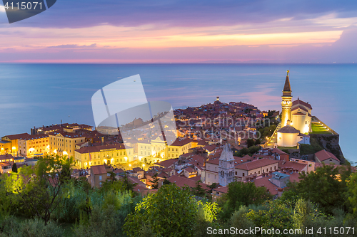 Image of Romantic colorful sunset over picturesque old town Piran, Slovenia.