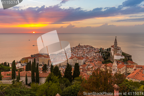 Image of Romantic colorful sunset over picturesque old town Piran, Slovenia.