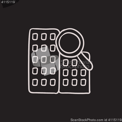 Image of Condominium and magnifying glass sketch icon.