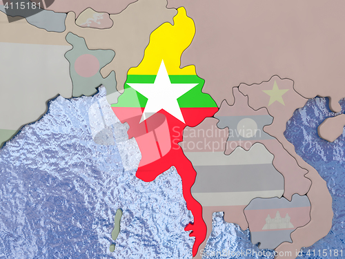 Image of Myanmar with flag on globe