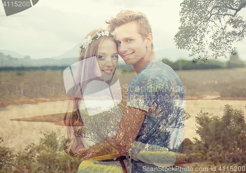 Image of happy smiling young hippie couple outdoors