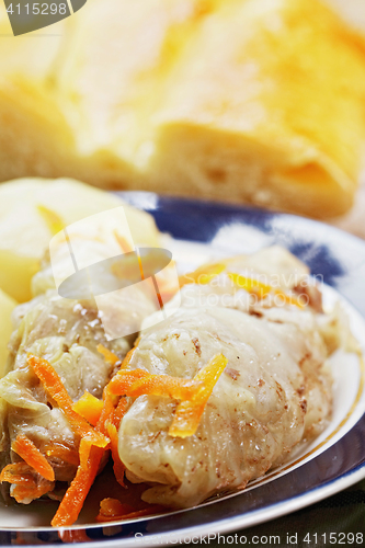 Image of Cabbage rolls and bread closeup