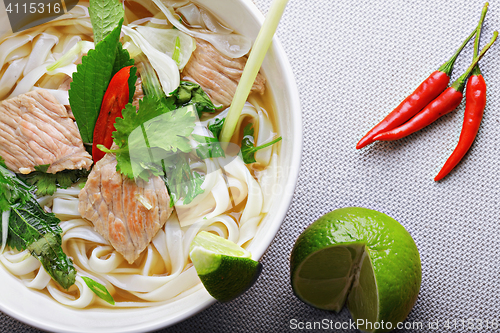 Image of Pho bo soup above view closeup