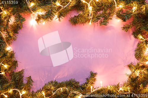 Image of Spruce branches with garlands on pink background