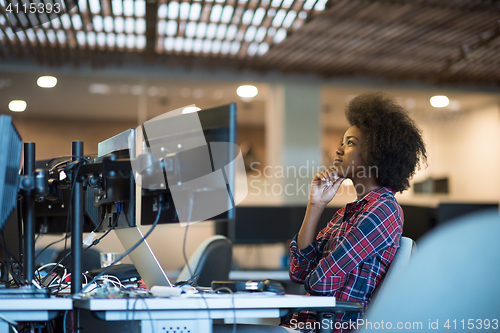 Image of young black woman at her workplace in modern office