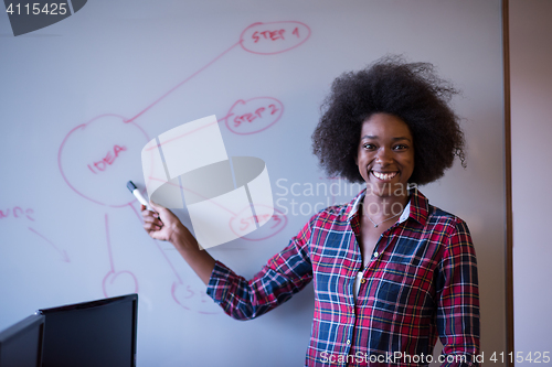 Image of black  woman writing on a white board  in a modern office