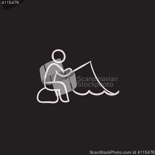 Image of Fisherman sitting with rod sketch icon.