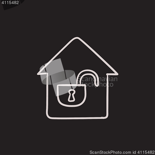 Image of House with open lock sketch icon.