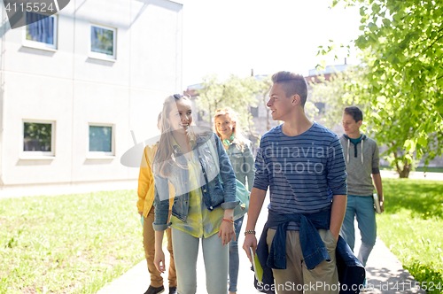 Image of group of happy teenage students walking outdoors