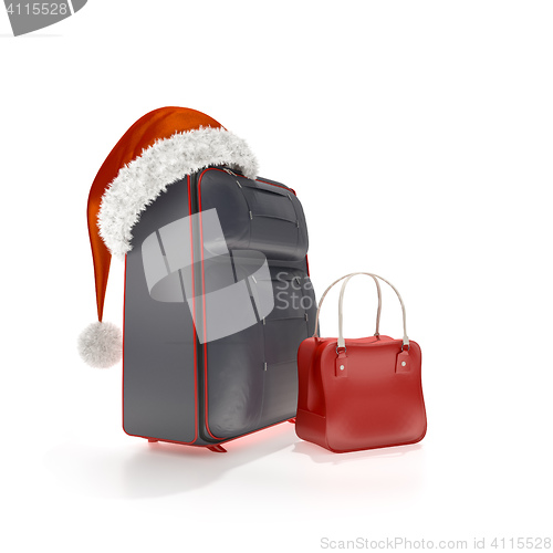 Image of traveling luggage with a red christmas hat