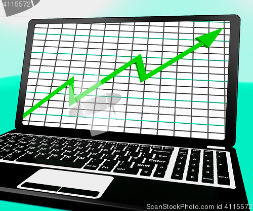 Image of Arrow Going Up On Laptop Shows Statistics Reports