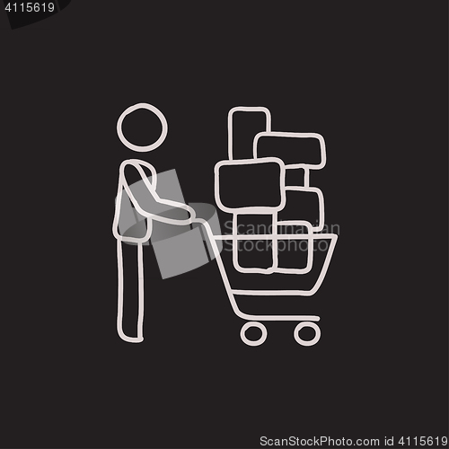 Image of Man pushing shopping cart sketch icon.