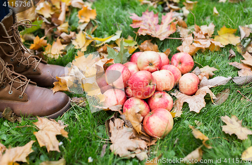 Image of woman feet in boots with apples and autumn leaves
