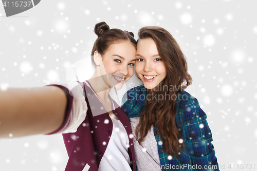 Image of happy smiling pretty teenage girls taking selfie