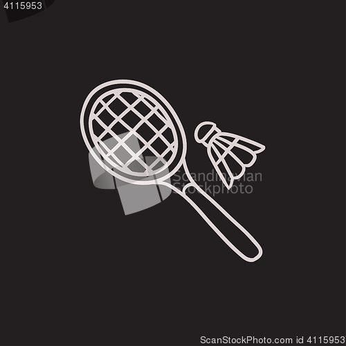 Image of Shuttlecock and badminton racket sketch icon.