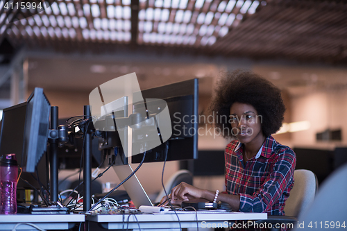 Image of young black woman at her workplace in modern office