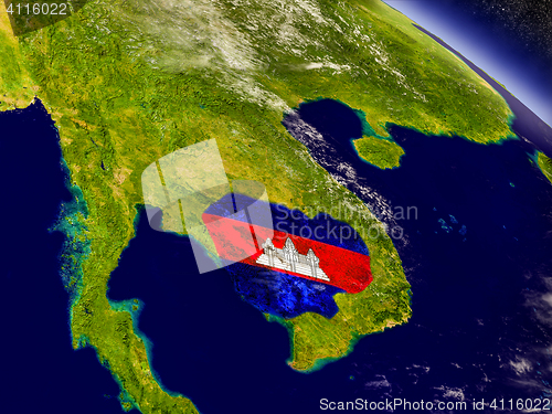 Image of Cambodia with embedded flag on Earth
