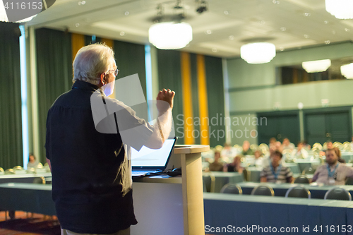 Image of Senior public speaker giving talk at scientific conference.