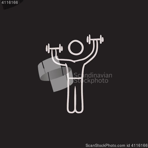 Image of Man exercising with dumbbells sketch icon.