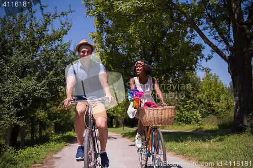 Image of Young  couple having joyful bike ride in nature