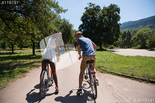 Image of Young  couple having joyful bike ride in nature