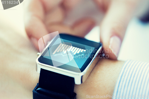 Image of close up of hands with chart on smartwatch screen