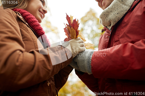 Image of close up of happy couple with autumn maple leaves