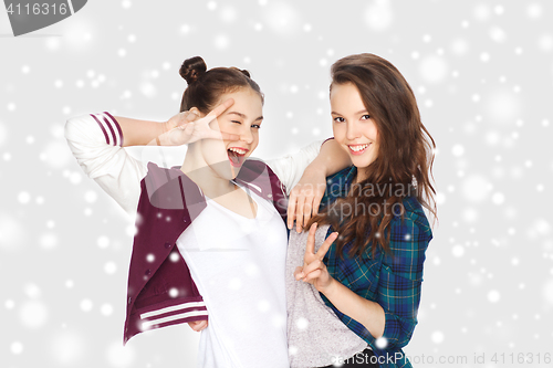 Image of happy pretty teenage girls showing peace hand sign