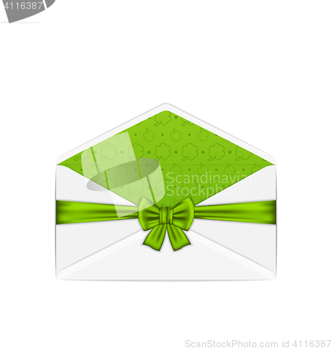 Image of Open white envelope with bow ribbon for St. Patrick\'s Day, isola