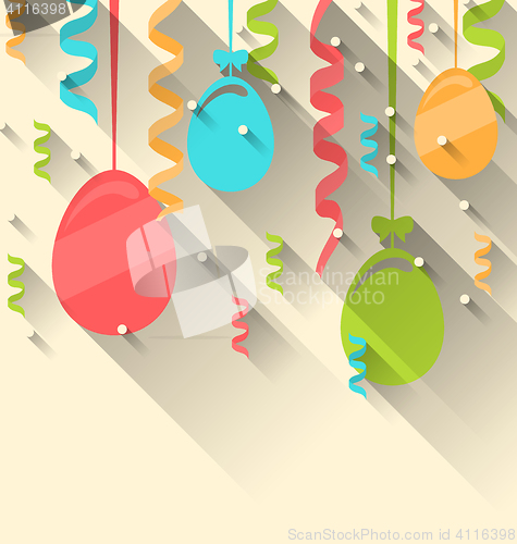 Image of Easter background with colorful eggs and serpentine, trendy flat