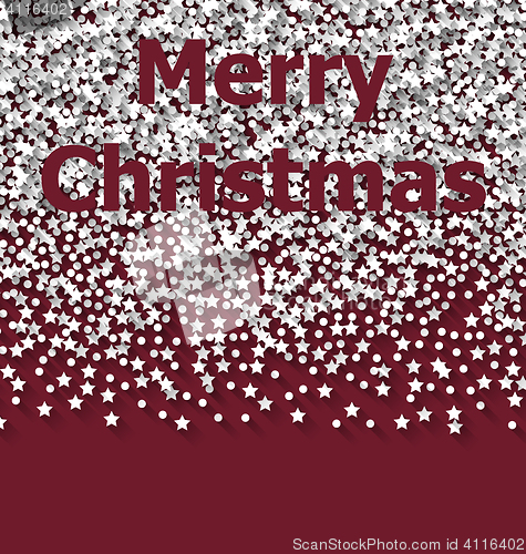 Image of Lettering Merry Christmas on red backdrop white snow particles