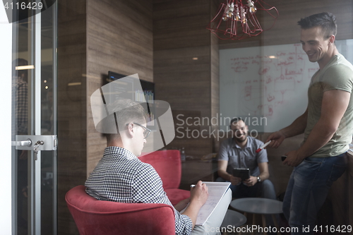 Image of team meeting and brainstorming in small private office