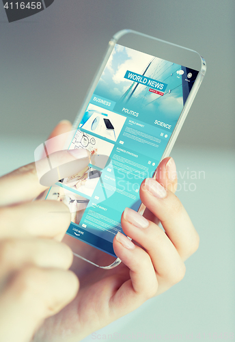 Image of close up of woman with news pages on smartphone