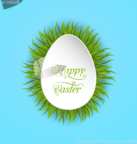 Image of Happy Easter Paper Card in Form Egg with Green Grass 