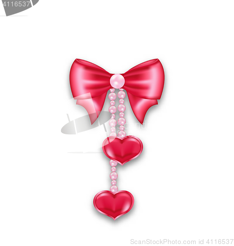 Image of Pink gift bow ribbon with heart hanging on pearls, isolated on w