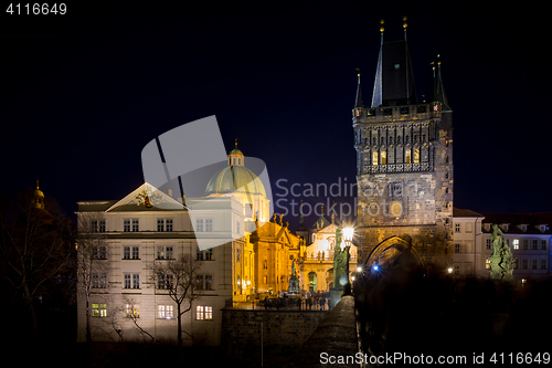 Image of Night photo of Prague Charles Bridge and powder tower