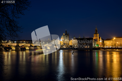 Image of Night photo of Prague Charles Bridge and Powder tower