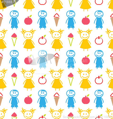 Image of Seamless Background with Smiling Kids with Ice Cream, Apples