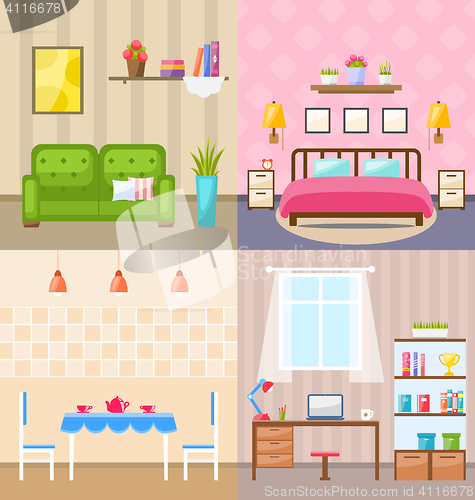 Image of Set Room Interiors with Furniture Flat Icons