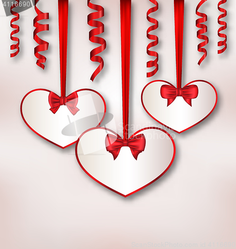 Image of Set card heart shaped with silk ribbon bows and paper serpentine