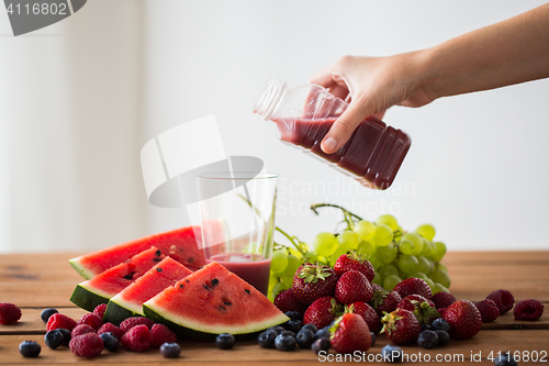 Image of hand pouring fruit juice from bottle to glass