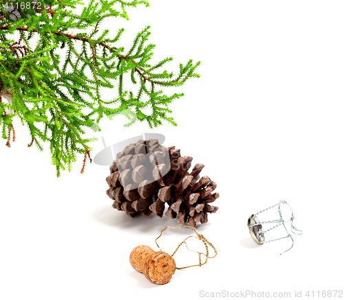 Image of Branch of decorative home Christmas-tree, big pine cone and cham