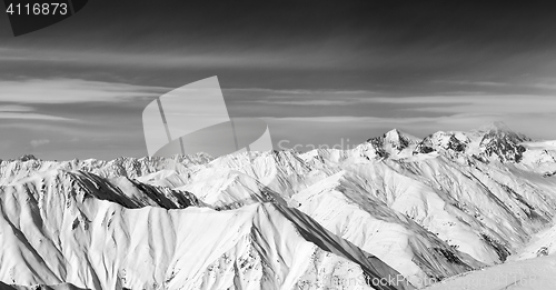 Image of Black and white panorama of snow winter mountains