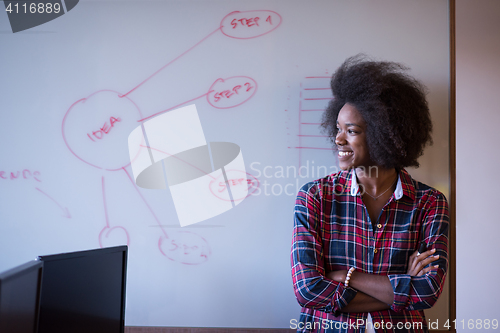 Image of African American woman writing on a chalkboard in a modern offic